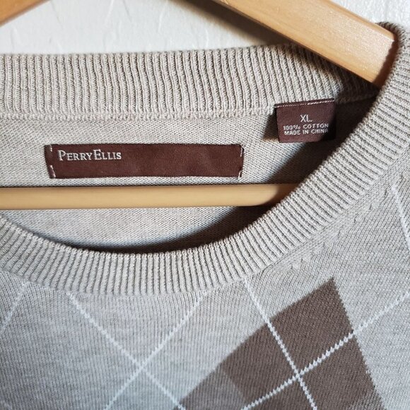 Perry Ellis Knit Argyle Crew Neck Sweater 100% Cotton Tan/Brown Size Men's XL - Picture 2 of 9